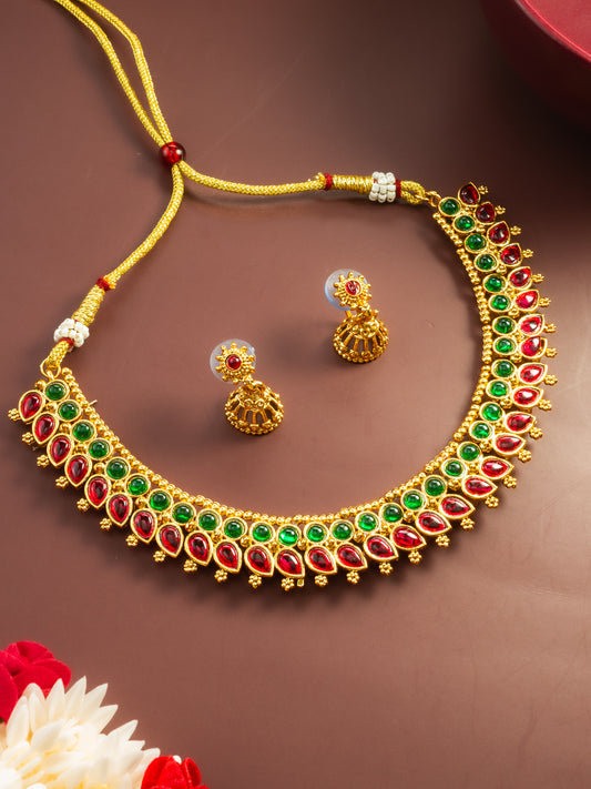 Aadita Gold Plated Red & Green Traditional Round and Teardrop Stone Necklace Set