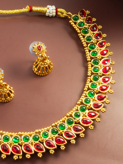 Aadita Gold Plated Red & Green Traditional Round and Teardrop Stone Necklace Set