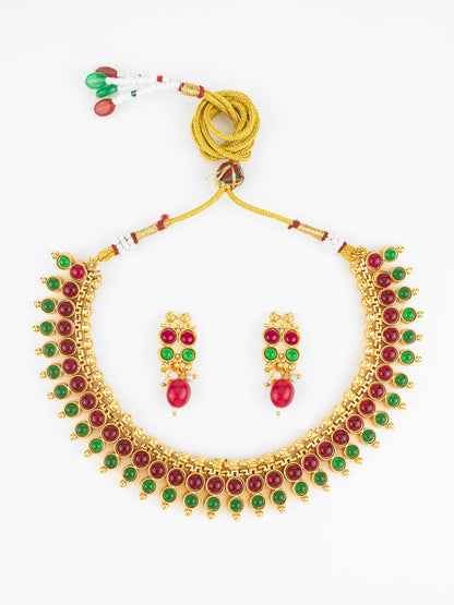Aadita Gold Plated Dual-Tone Red & Green Stone Traditional Necklace Set for Women