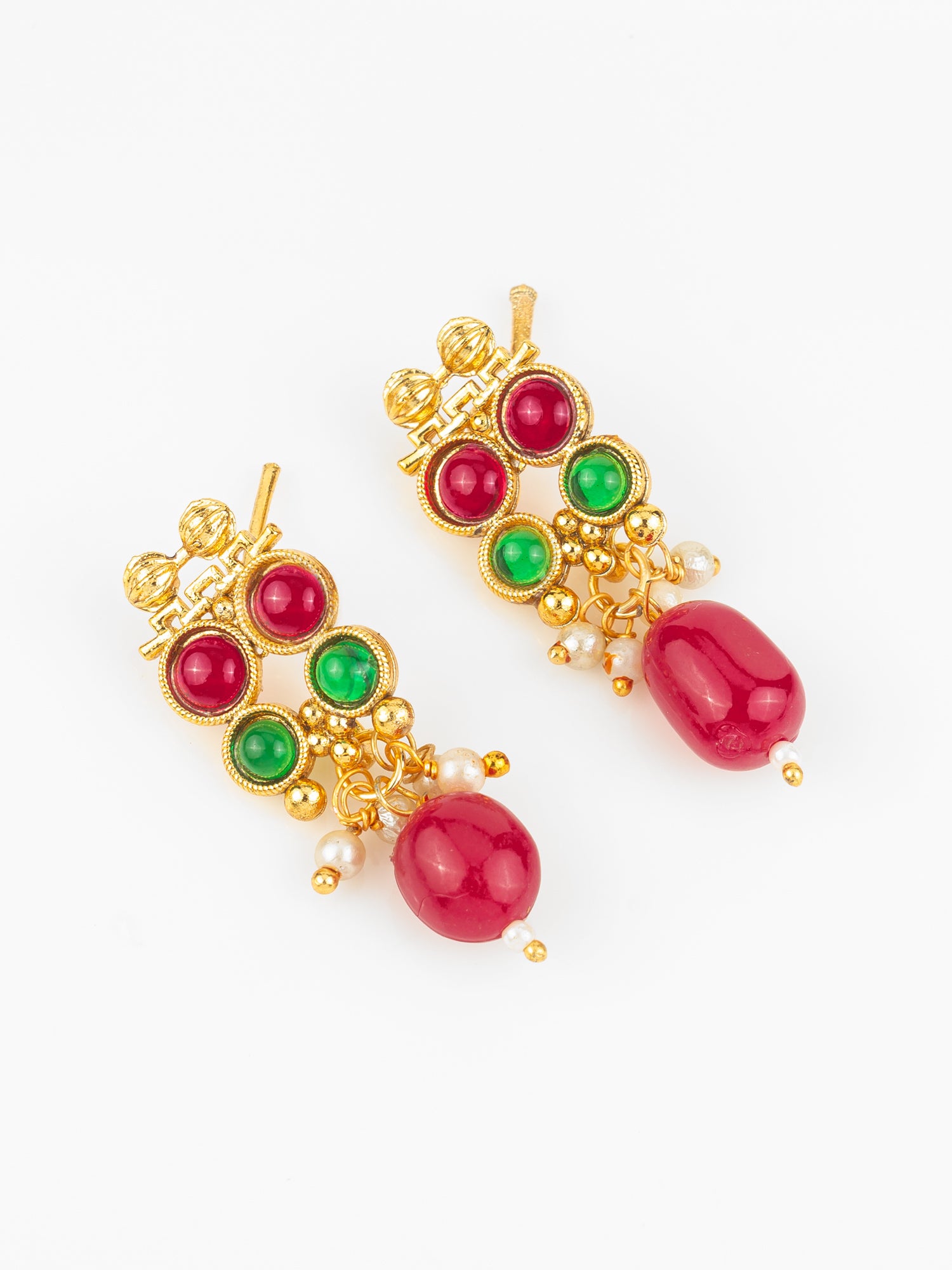 Aadita Gold Plated Dual-Tone Red & Green Stone Traditional Necklace Set for Women