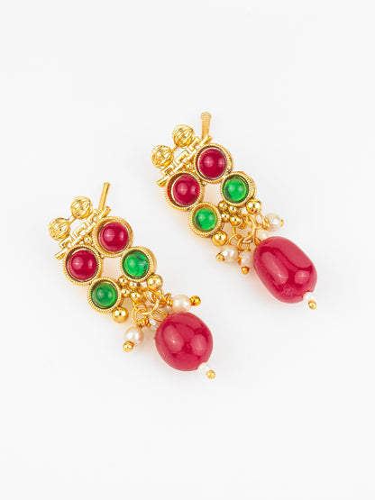 Aadita Gold Plated Dual-Tone Red & Green Stone Traditional Necklace Set for Women