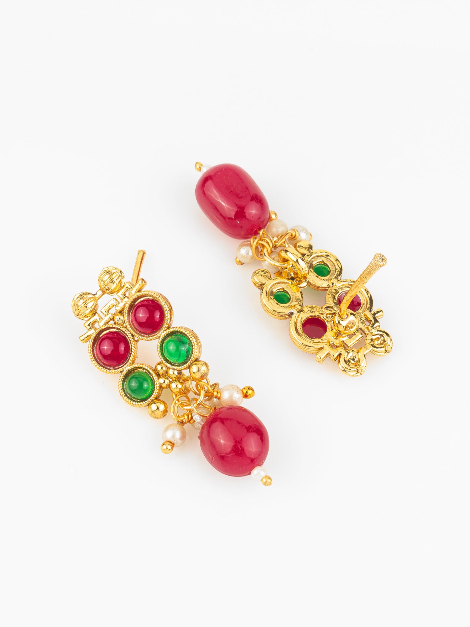 Aadita Gold Plated Dual-Tone Red & Green Stone Traditional Necklace Set for Women