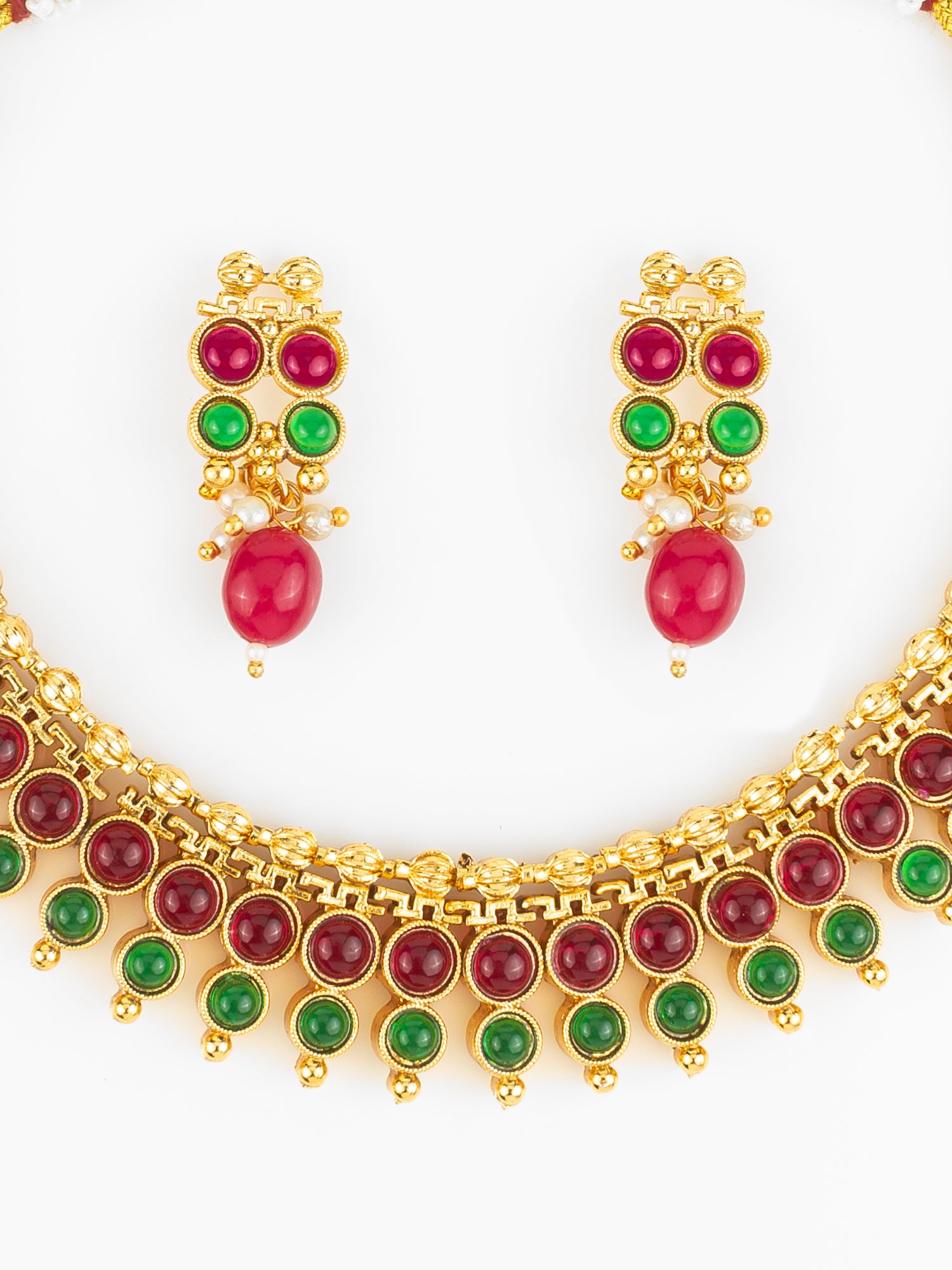 Aadita Gold Plated Dual-Tone Red & Green Stone Traditional Necklace Set for Women