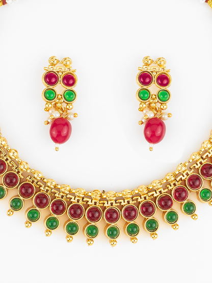 Aadita Gold Plated Dual-Tone Red & Green Stone Traditional Necklace Set for Women