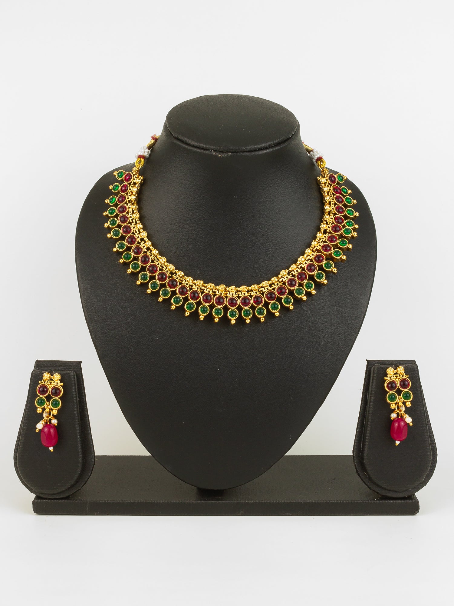 Aadita Gold Plated Dual-Tone Red & Green Stone Traditional Necklace Set for Women