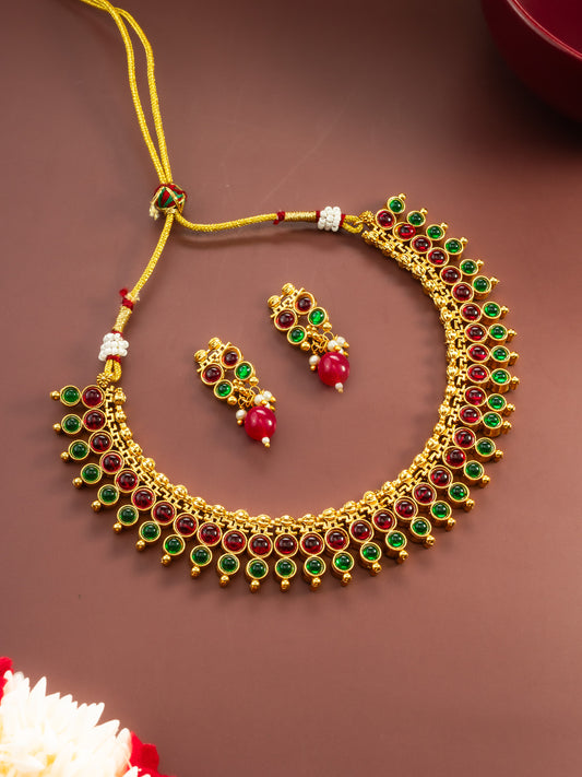 Aadita Gold Plated Dual-Tone Red & Green Stone Traditional Necklace Set for Women