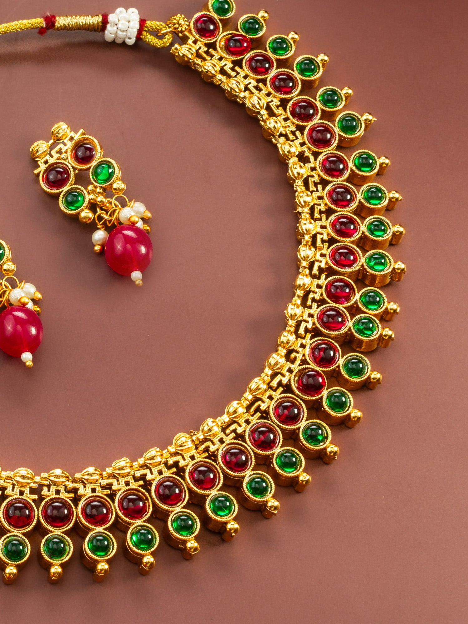 Aadita Gold Plated Dual-Tone Red & Green Stone Traditional Necklace Set for Women