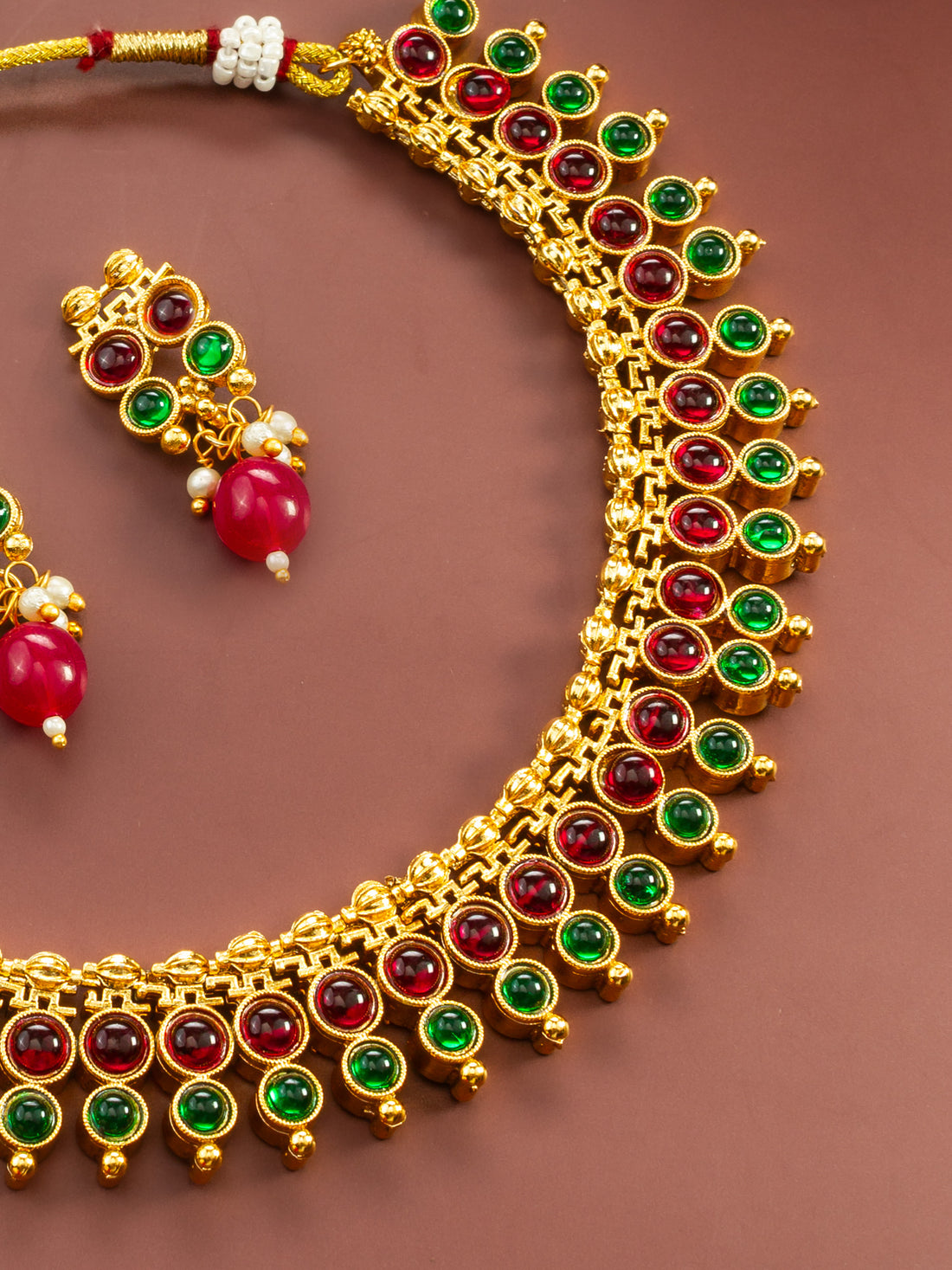 Gold Plated Dual-Tone Red & Green Stone Traditional Necklace Set