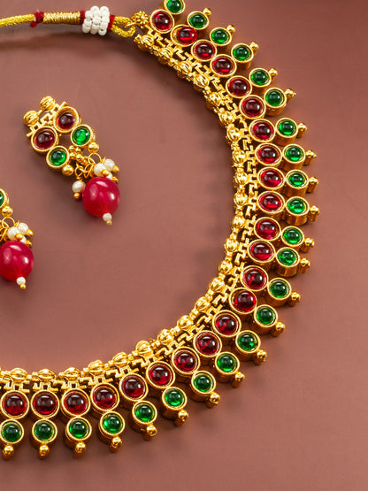 Aadita Gold Plated Dual-Tone Red & Green Stone Traditional Necklace Set for Women