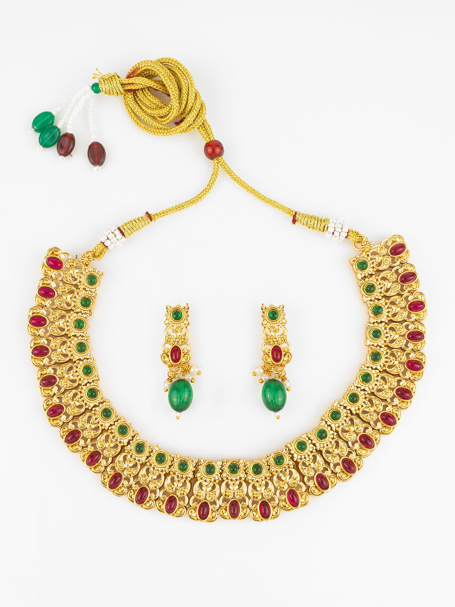 Aadita Gold Plated Red & Green Temple-Inspired Necklace Set with Drop Earrings