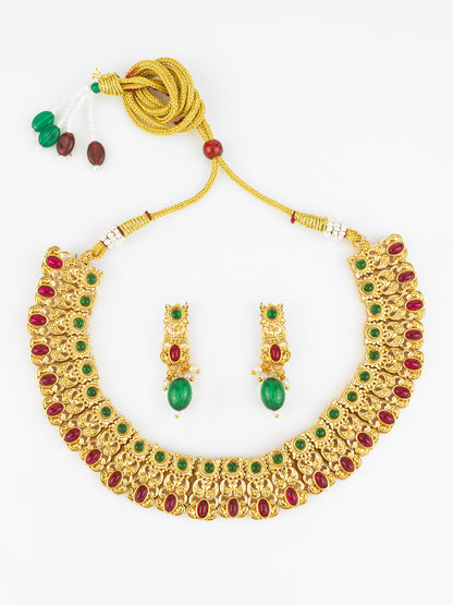 Aadita Gold Plated Red & Green Temple-Inspired Necklace Set with Drop Earrings