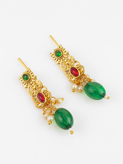 Aadita Gold Plated Red & Green Temple-Inspired Necklace Set with Drop Earrings