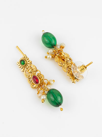 Aadita Gold Plated Red & Green Temple-Inspired Necklace Set with Drop Earrings