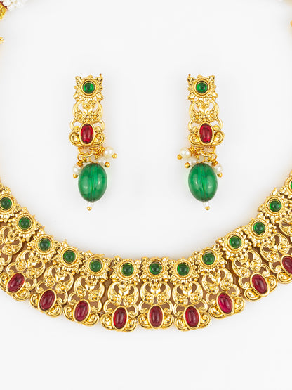 Aadita Gold Plated Red & Green Temple-Inspired Necklace Set with Drop Earrings