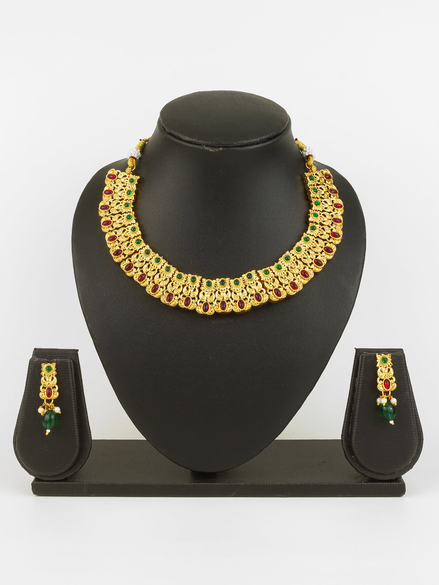 Aadita Gold Plated Red & Green Temple-Inspired Necklace Set with Drop Earrings
