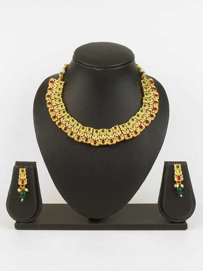 Aadita Gold Plated Red & Green Temple-Inspired Necklace Set with Drop Earrings