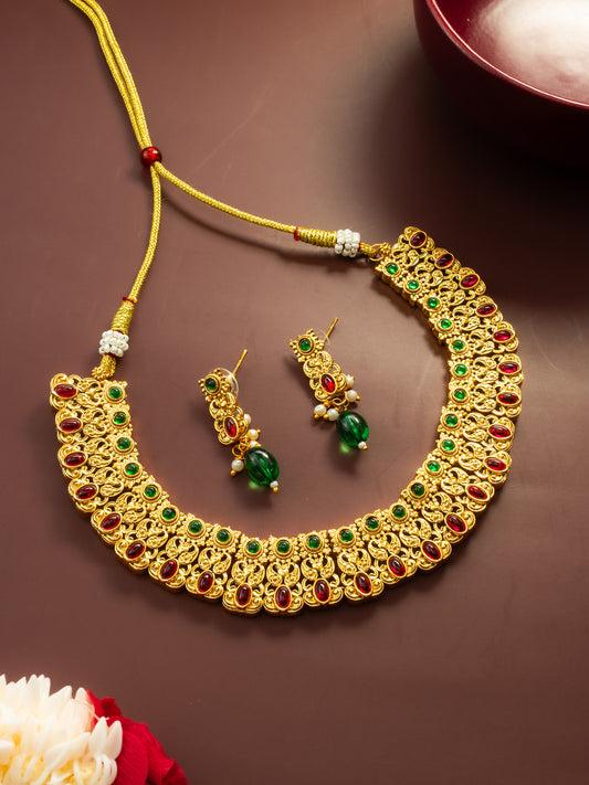 Aadita Gold Plated Red & Green Temple-Inspired Necklace Set with Drop Earrings