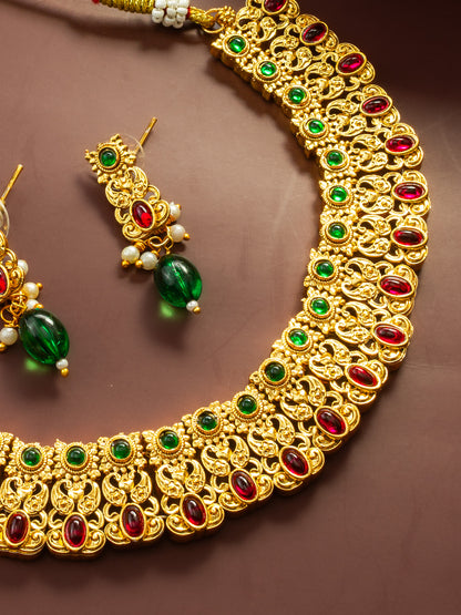 Aadita Gold Plated Red & Green Temple-Inspired Necklace Set with Drop Earrings