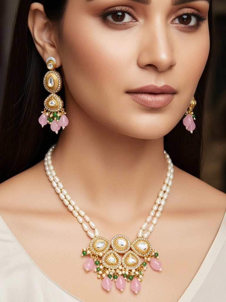 Aadita Gold Plated Kundan and Pink Stone Grand Necklace Set