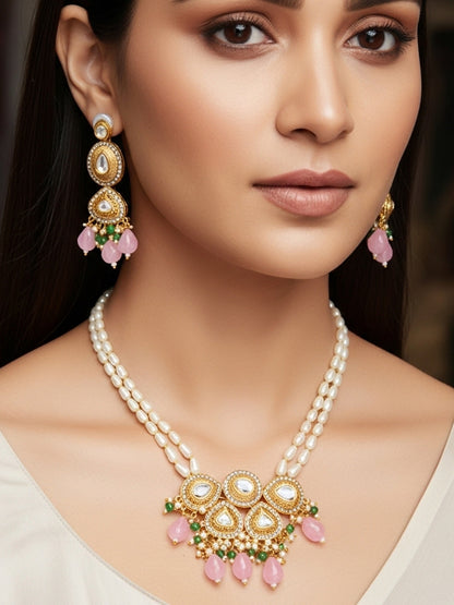 Aadita Gold Plated Kundan and Pink Stone Grand Necklace Set