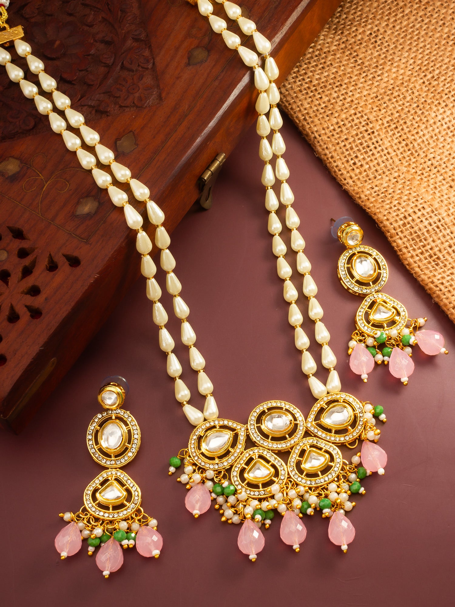 Aadita Gold Plated Kundan and Pink Stone Grand Necklace Set