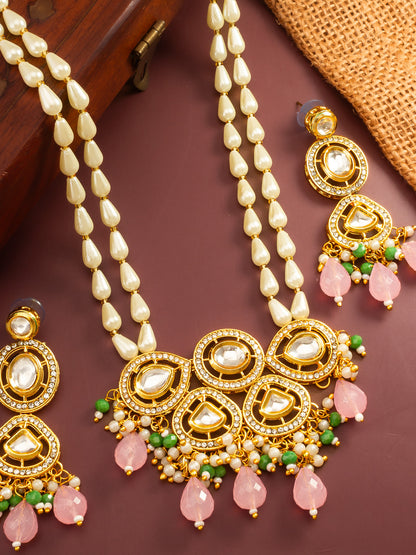 Aadita Gold Plated Kundan and Pink Stone Grand Necklace Set