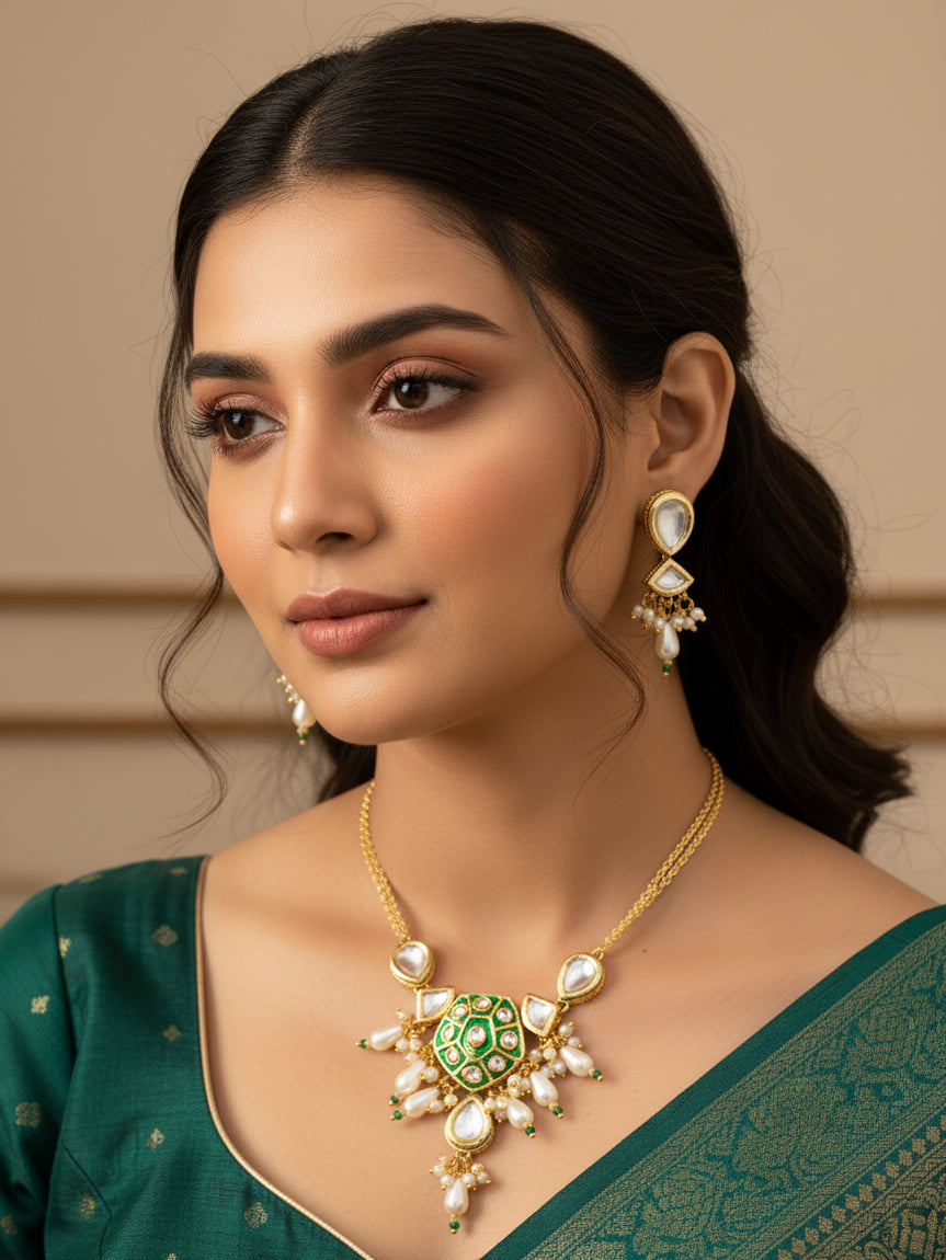 Aadita Green Enamel and Pearl Kundan Necklace Set