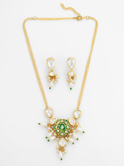 Aadita Green Enamel and Pearl Kundan Necklace Set