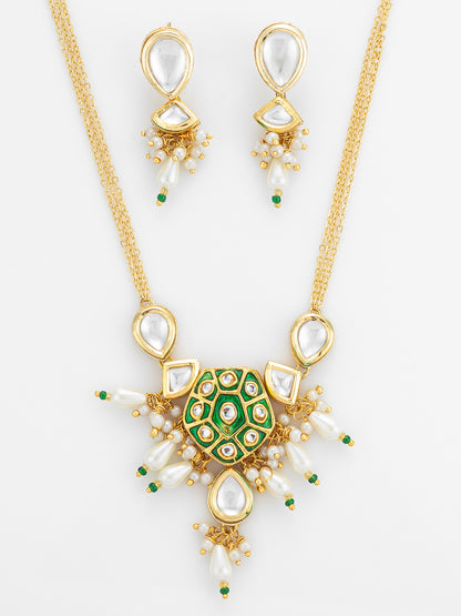 Aadita Green Enamel and Pearl Kundan Necklace Set