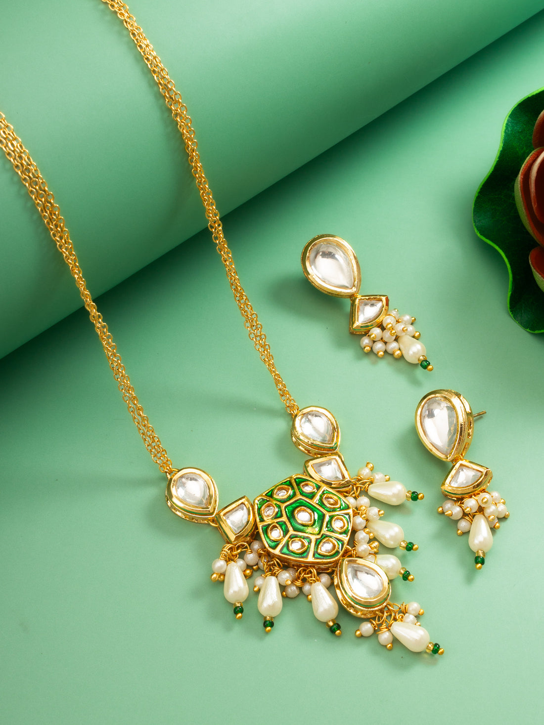 Green Enamel and Pearl Kundan Necklace Set