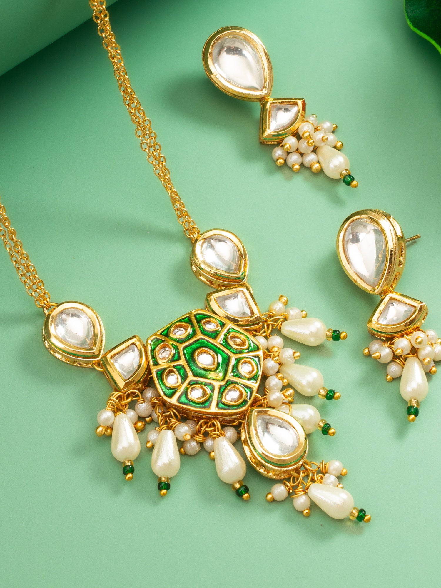 Aadita Green Enamel and Pearl Kundan Necklace Set