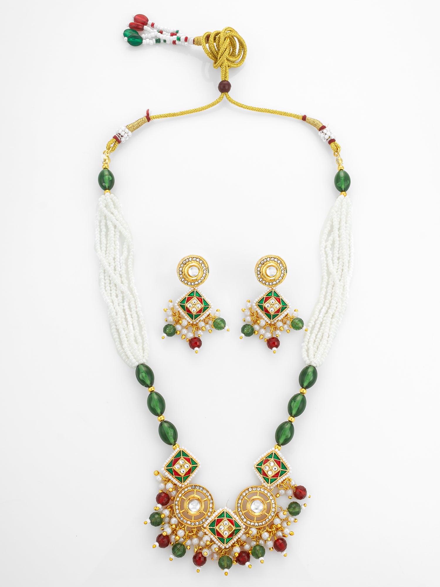 Aadita Gold Plated Square Kundan Multi-Color Pearl Necklace Set