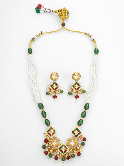 Aadita Gold Plated Square Kundan Multi-Color Pearl Necklace Set