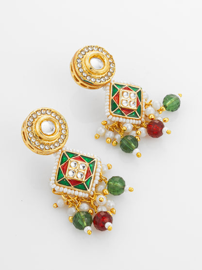 Aadita Gold Plated Square Kundan Multi-Color Pearl Necklace Set