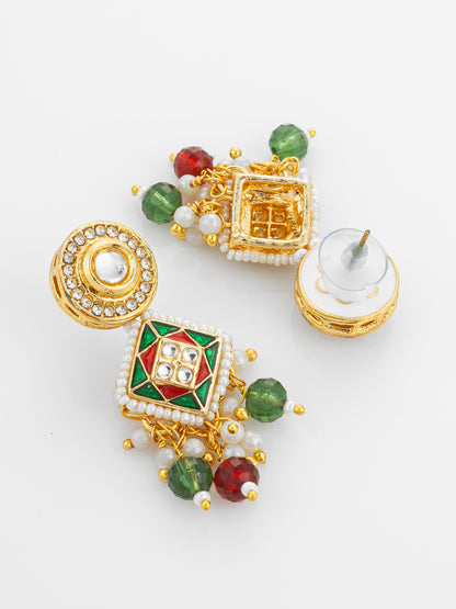 Aadita Gold Plated Square Kundan Multi-Color Pearl Necklace Set