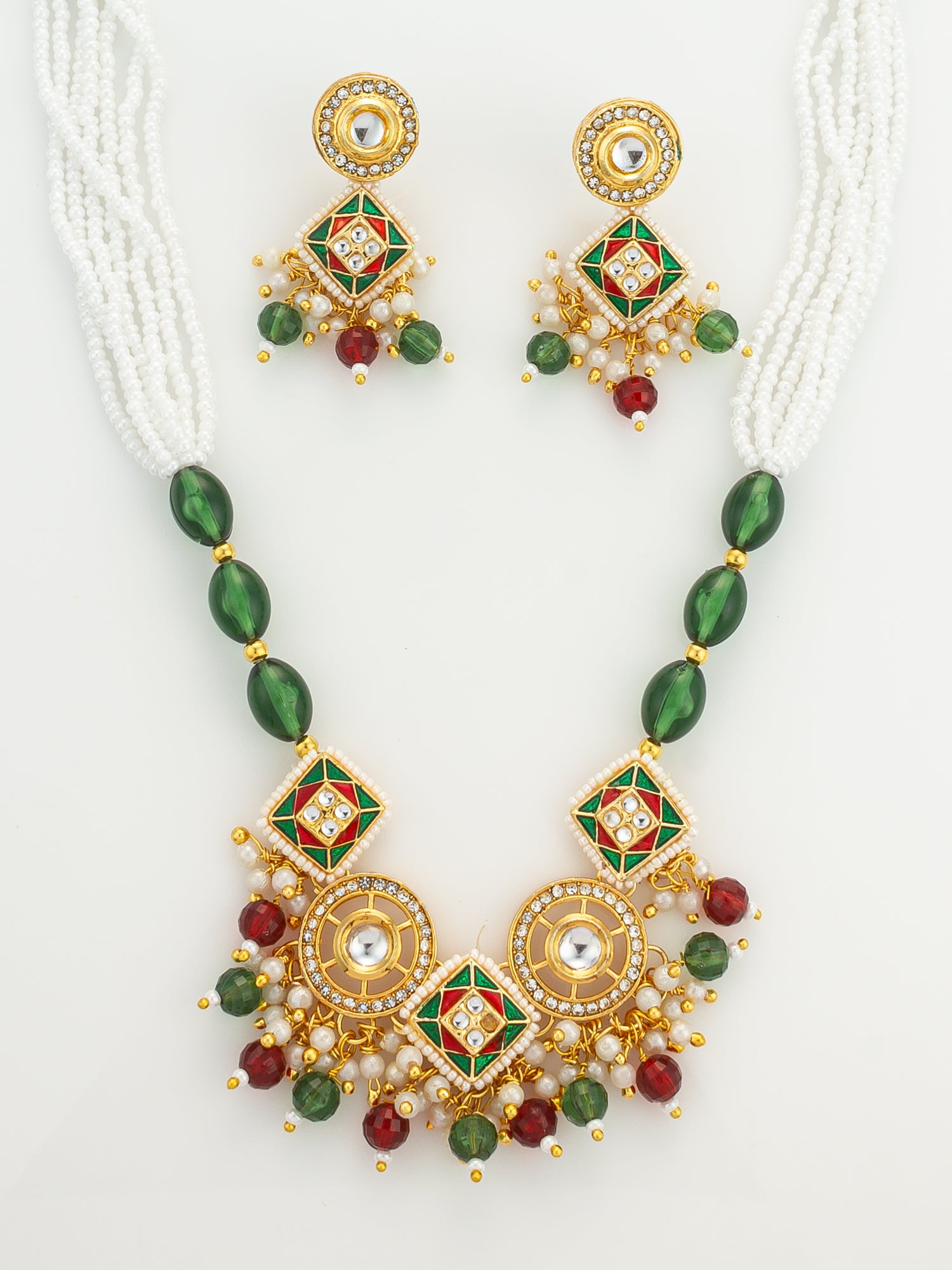 Aadita Gold Plated Square Kundan Multi-Color Pearl Necklace Set