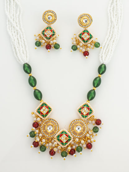 Aadita Gold Plated Square Kundan Multi-Color Pearl Necklace Set
