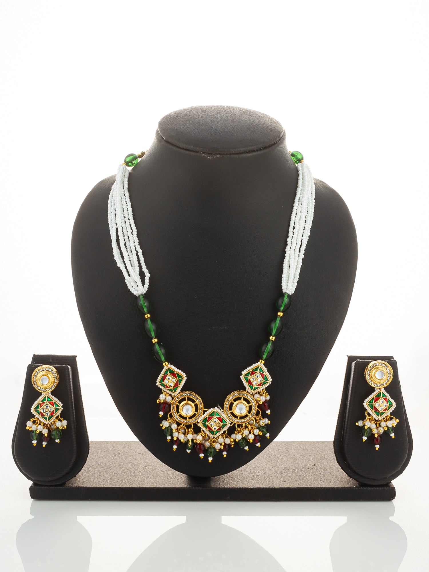 Aadita Gold Plated Square Kundan Multi-Color Pearl Necklace Set