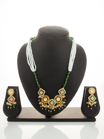 Aadita Gold Plated Square Kundan Multi-Color Pearl Necklace Set