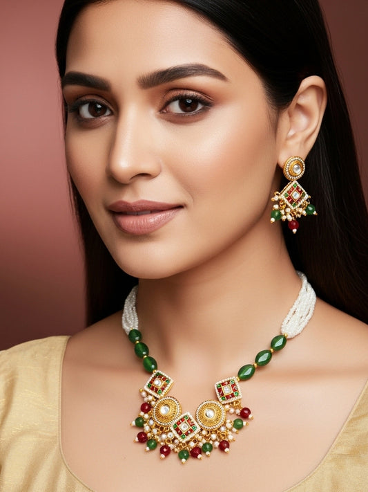 Aadita Gold Plated Square Kundan Multi-Color Pearl Necklace Set