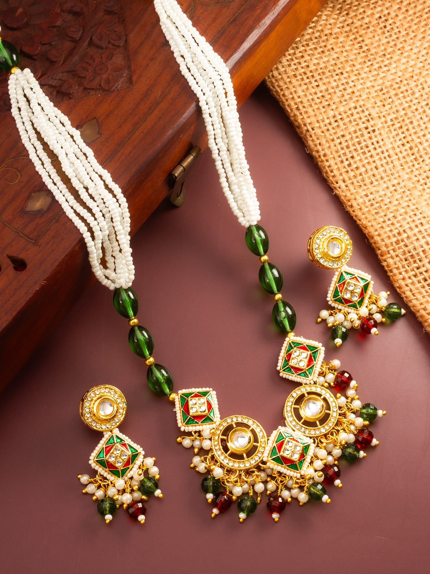 Aadita Gold Plated Square Kundan Multi-Color Pearl Necklace Set