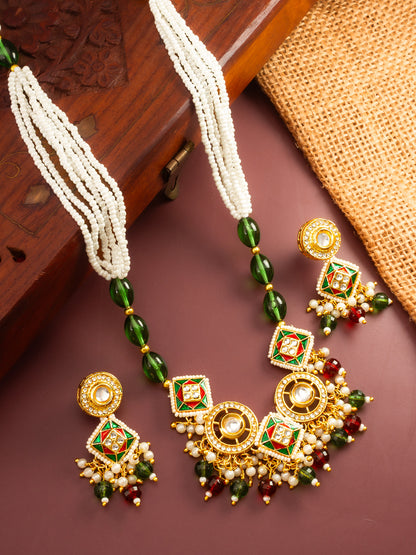 Aadita Gold Plated Square Kundan Multi-Color Pearl Necklace Set