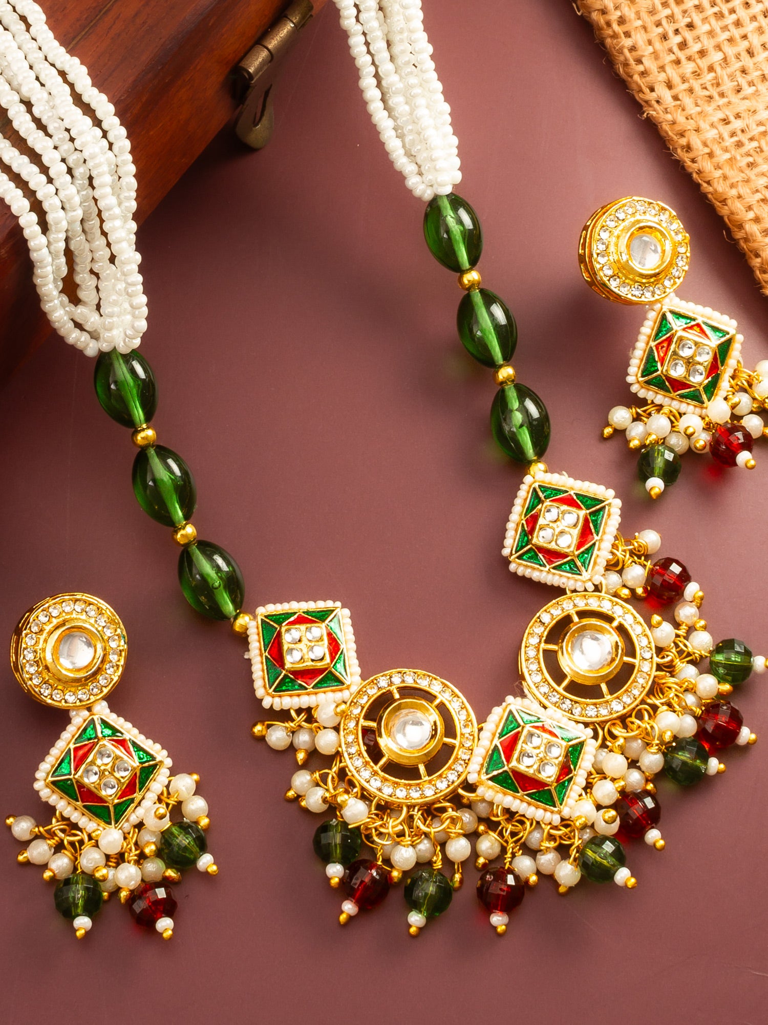 Aadita Gold Plated Square Kundan Multi-Color Pearl Necklace Set
