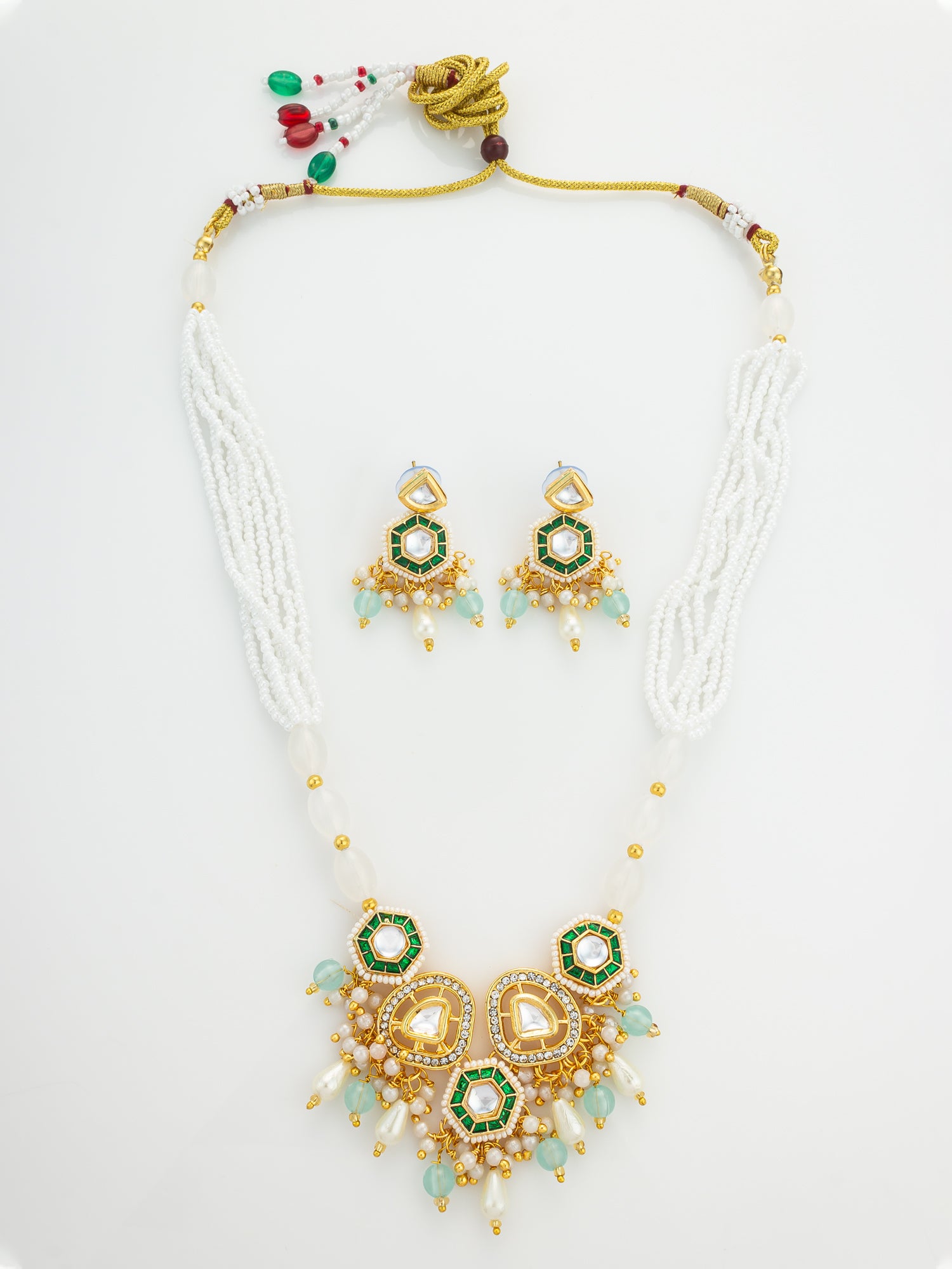 Aadita Gold Plated Kundan and Green Stone Multi-Strand Pearl Necklace Set