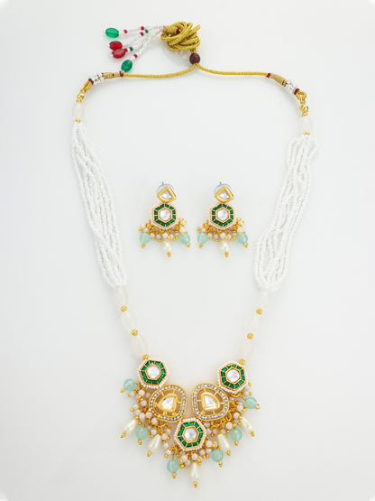 Aadita Gold Plated Kundan and Green Stone Multi-Strand Pearl Necklace Set