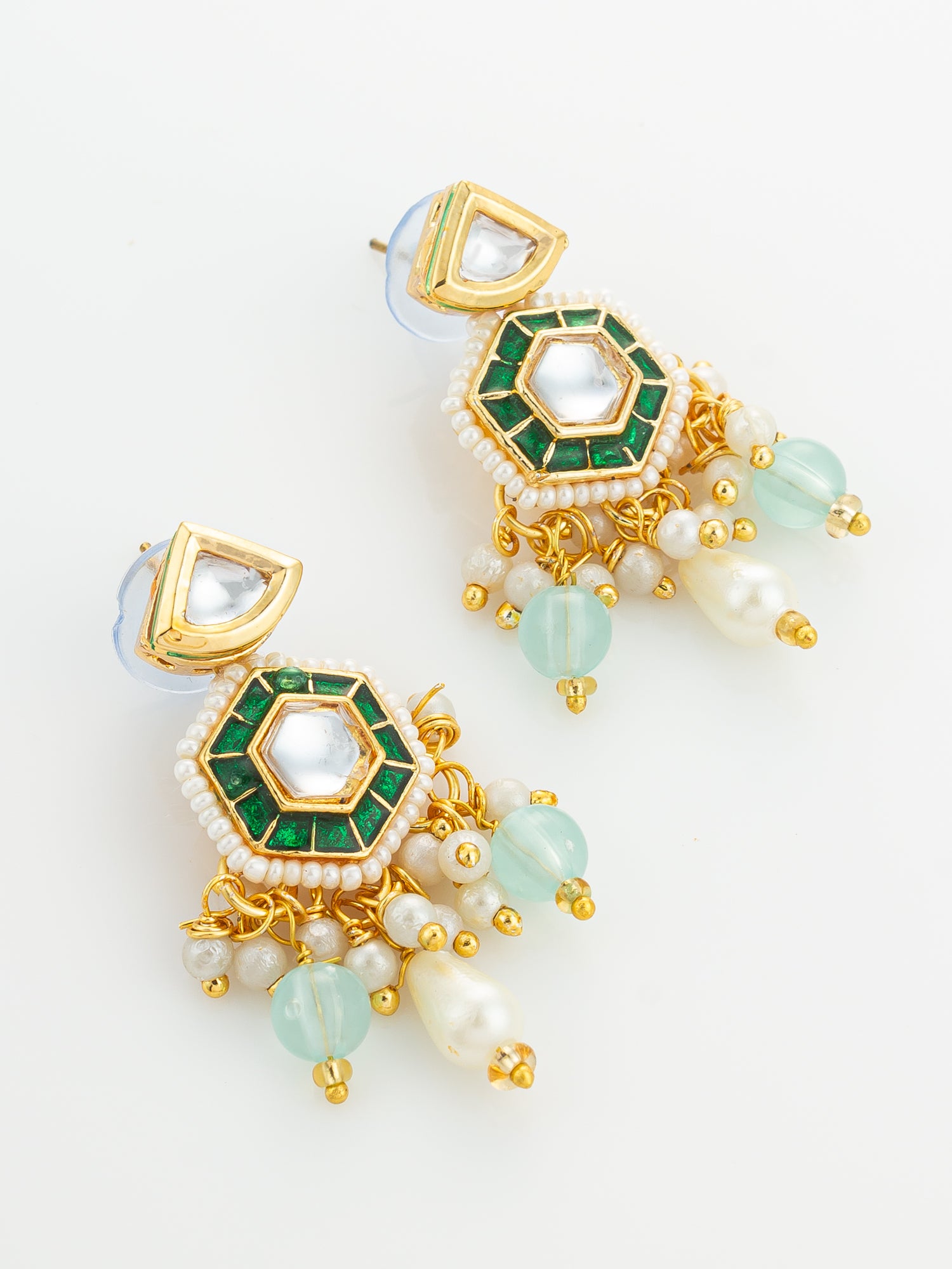 Aadita Gold Plated Kundan and Green Stone Multi-Strand Pearl Necklace Set