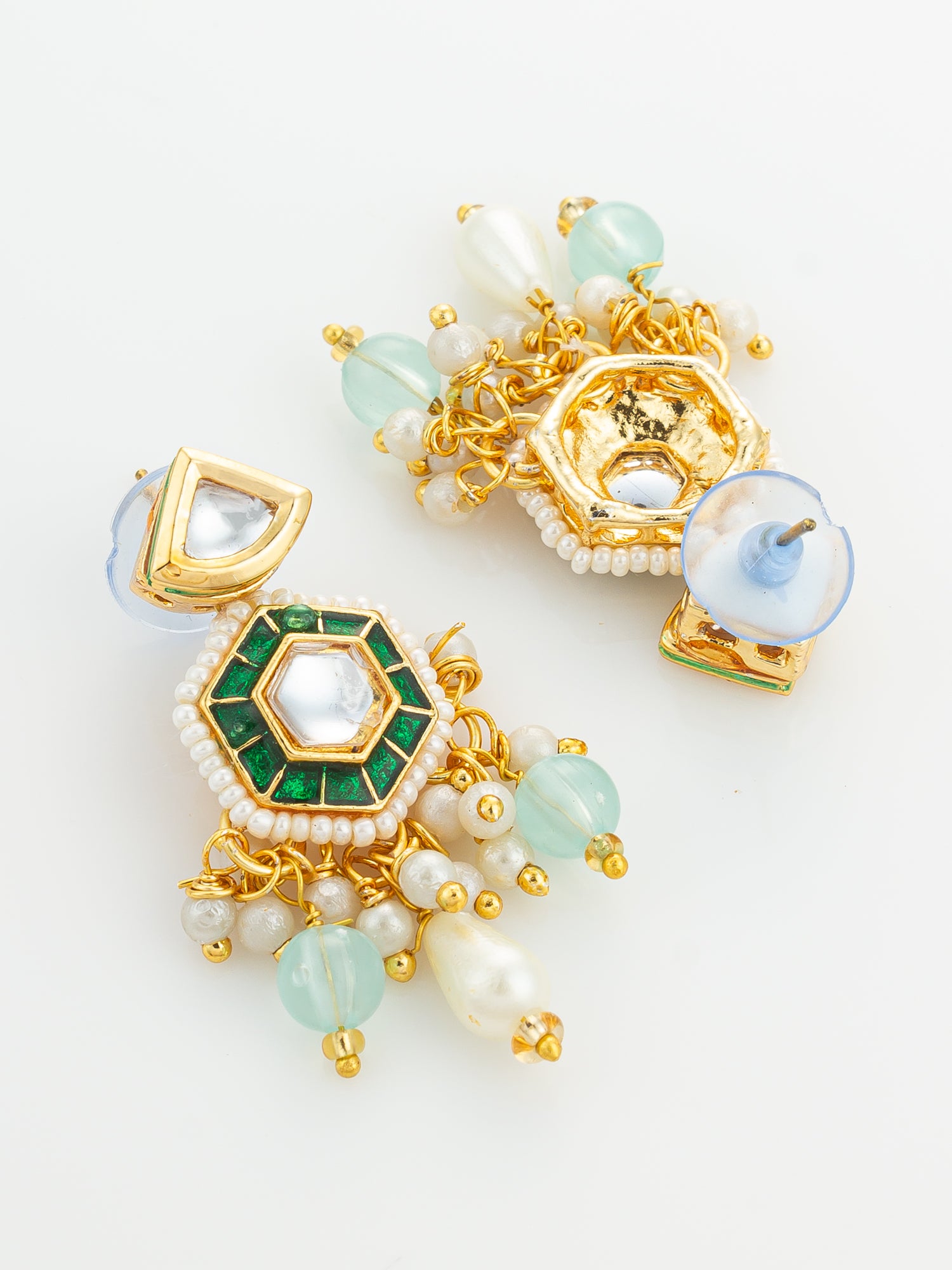 Aadita Gold Plated Kundan and Green Stone Multi-Strand Pearl Necklace Set