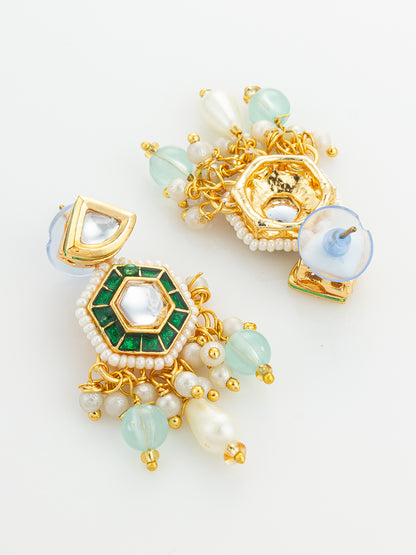 Aadita Gold Plated Kundan and Green Stone Multi-Strand Pearl Necklace Set