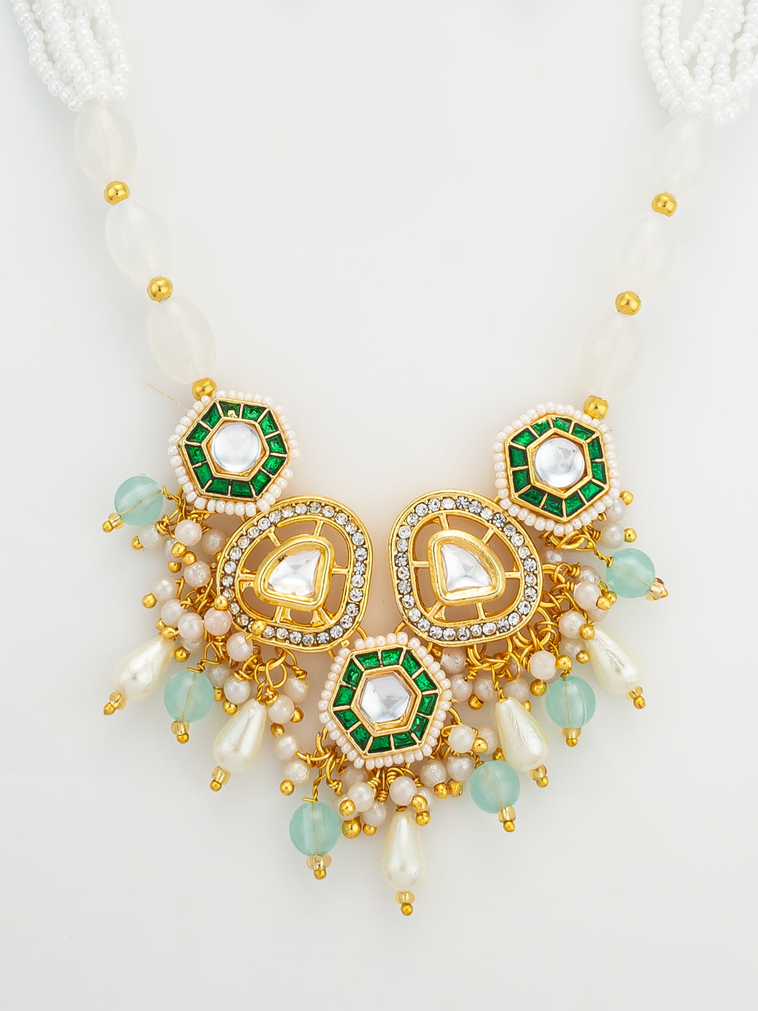 Aadita Gold Plated Kundan and Green Stone Multi-Strand Pearl Necklace Set