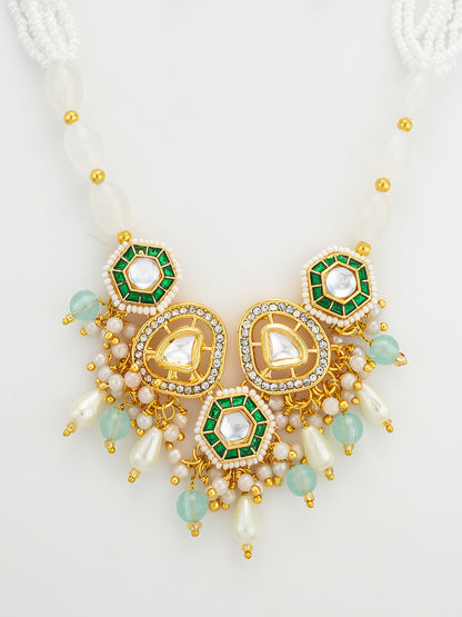 Aadita Gold Plated Kundan and Green Stone Multi-Strand Pearl Necklace Set